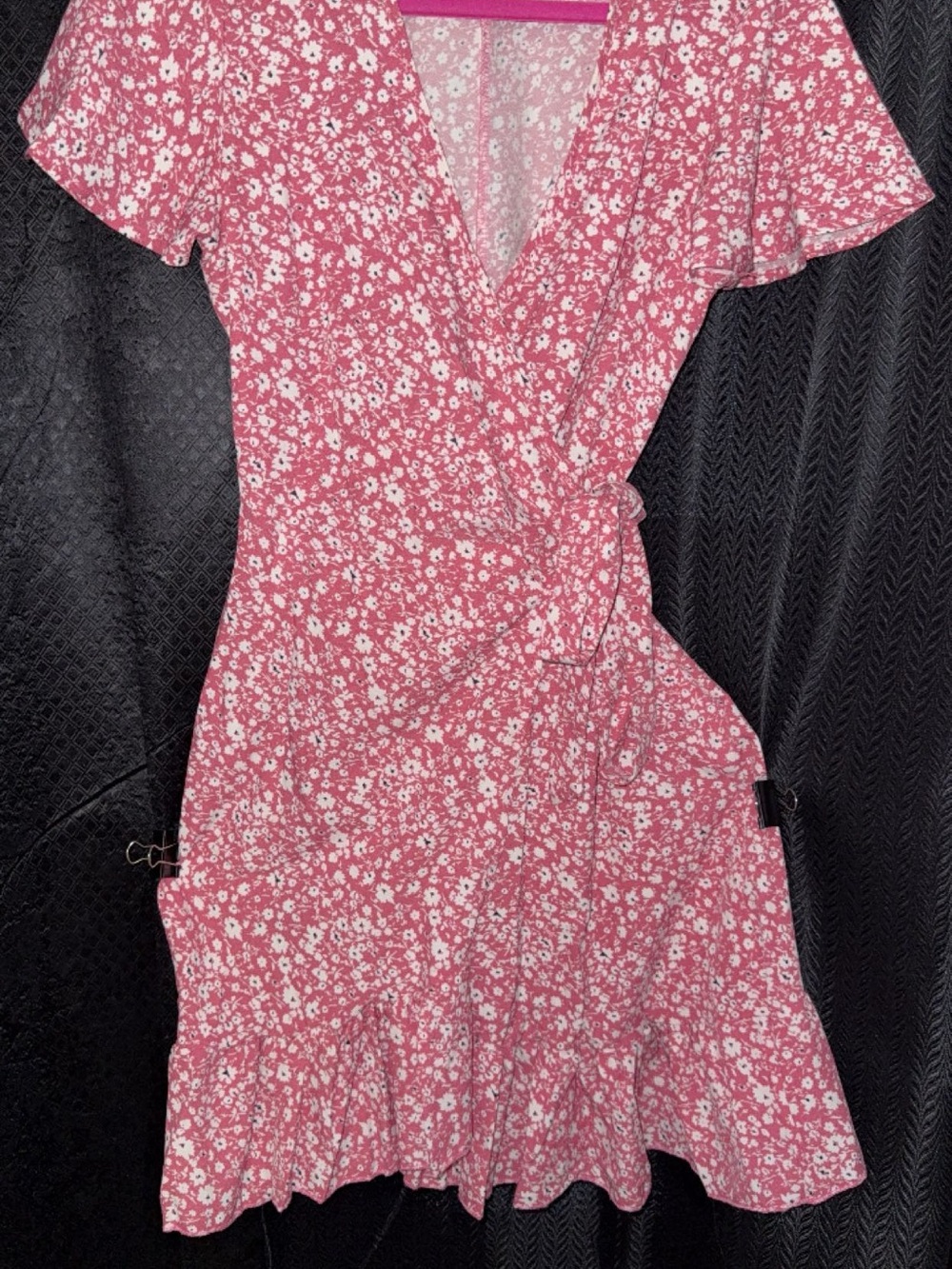Floral Pink Wrap Mini Dress with Ruffle Hem